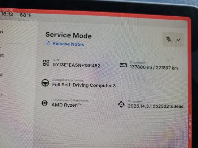 2022 TESLA MODEL 3 5YJ3E1EA5NF185452