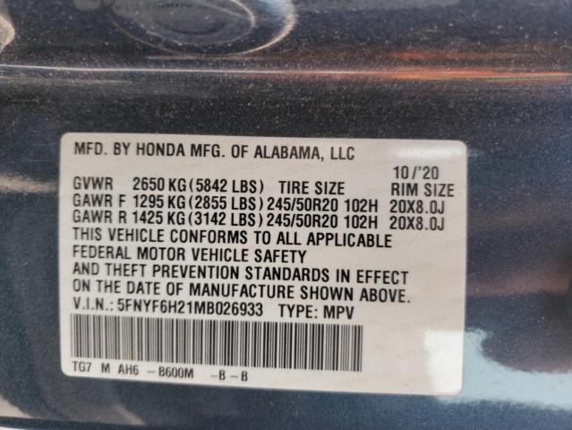 2021 HONDA PILOT SE 5FNYF6H21MB026933