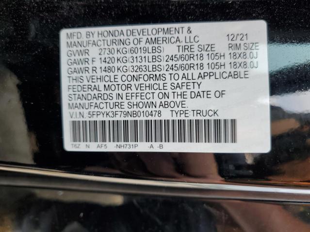 2022 HONDA RIDGELINE 5FPYK3F79NB010478
