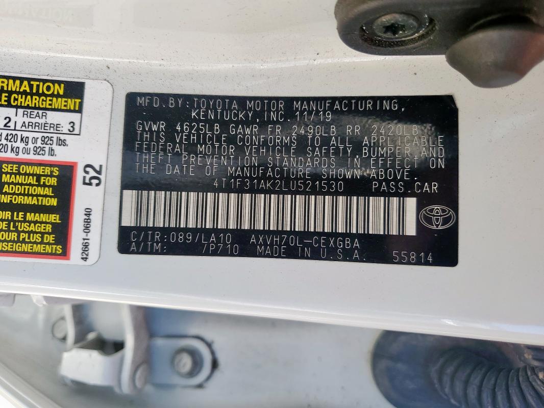 2020 TOYOTA CAMRY XLE 4T1F31AK2LU521530