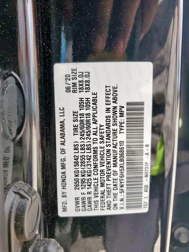 2020 HONDA PILOT EXL 5FNYF6H5XLB068610