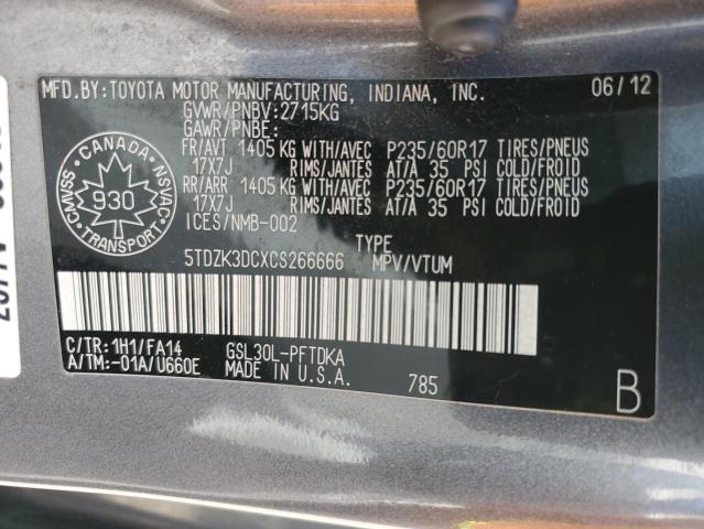 5TDZK3DCXCS266666 2012 TOYOTA All Models
