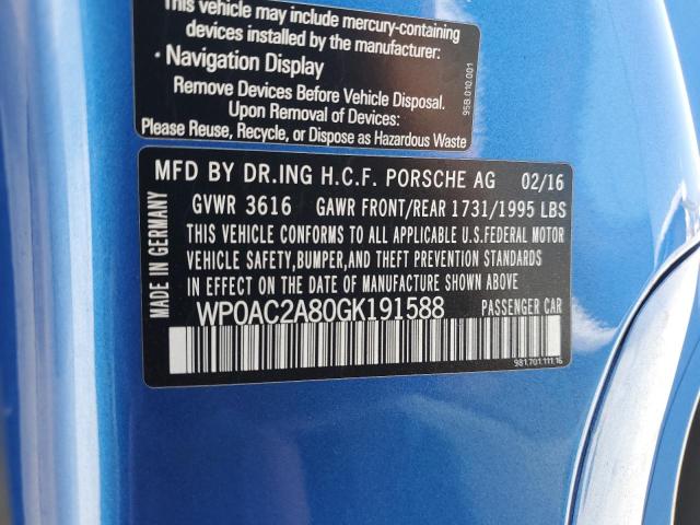 2016 PORSCHE CAYMAN GT4 WP0AC2A80GK191588