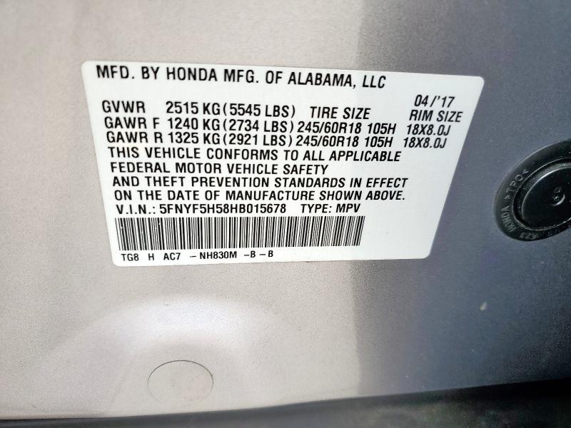 2017 HONDA PILOT EXL 5FNYF5H58HB015678