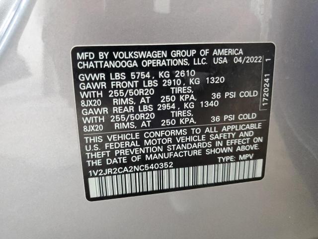 2022 VOLKSWAGEN ATLAS SE 1V2JR2CA2NC540352