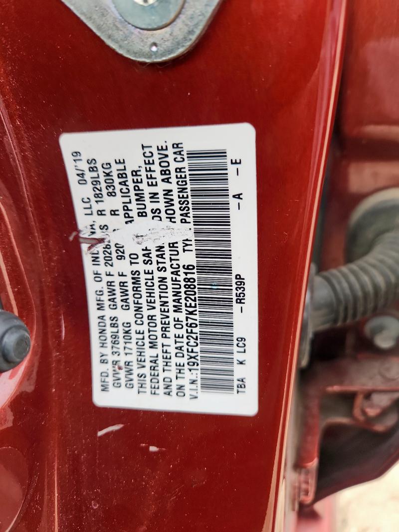 2019 HONDA CIVIC LX 19XFC2F67KE208816
