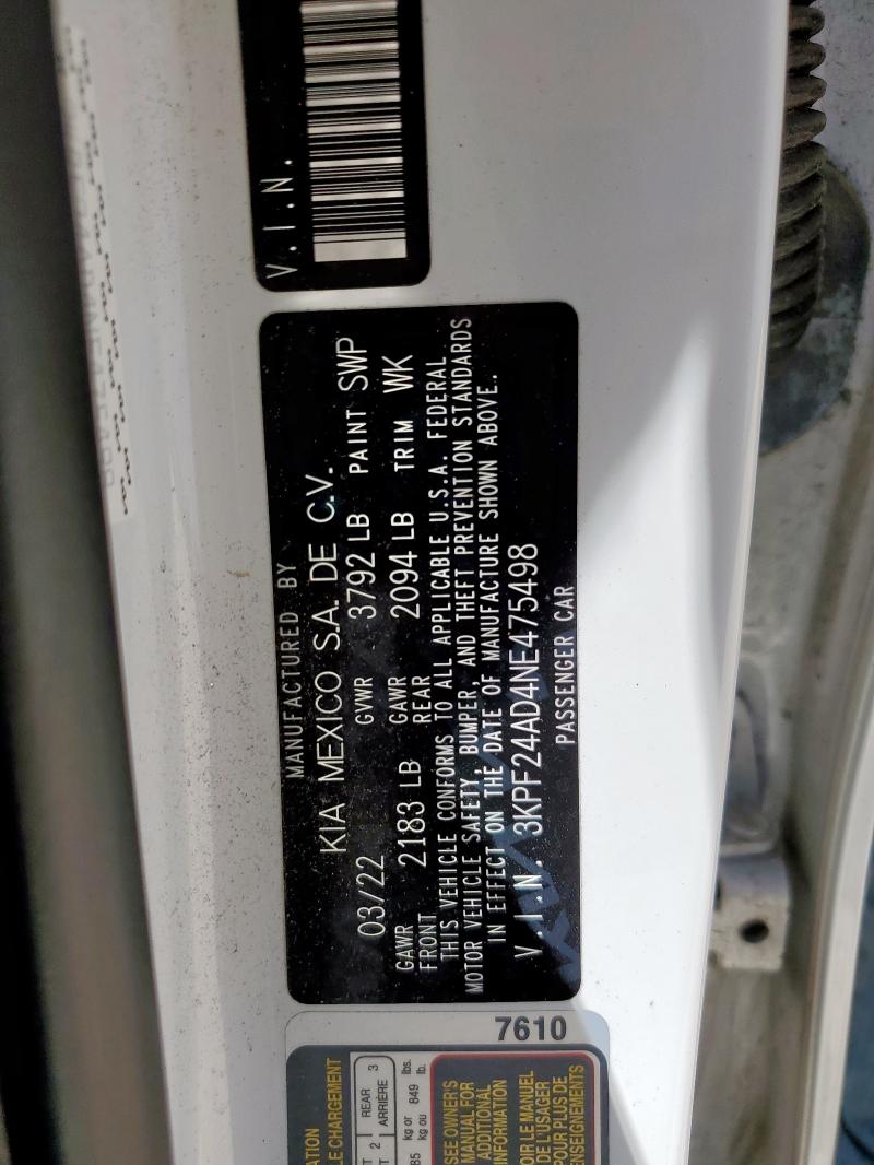 2022 KIA FORTE FE 3KPF24AD4NE475498