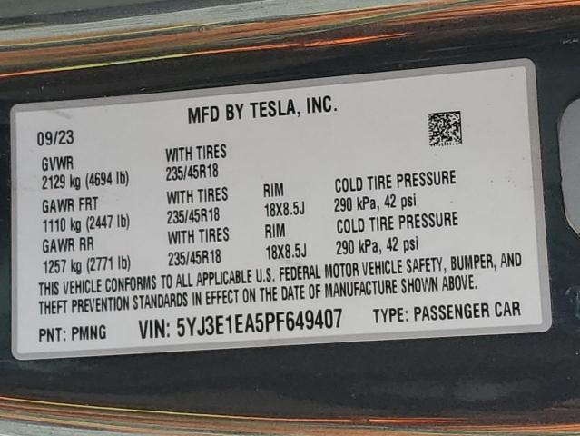 2023 TESLA MODEL 3 5YJ3E1EA5PF649407
