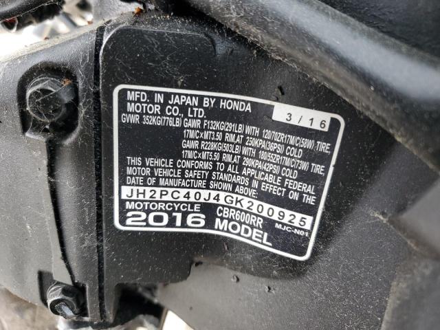 2016 HONDA CBR600 RR JH2PC40J4GK200925
