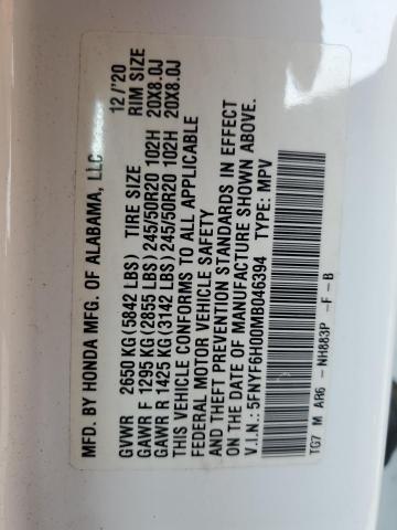 2021 HONDA PILOT ELIT 5FNYF6H00MB046394