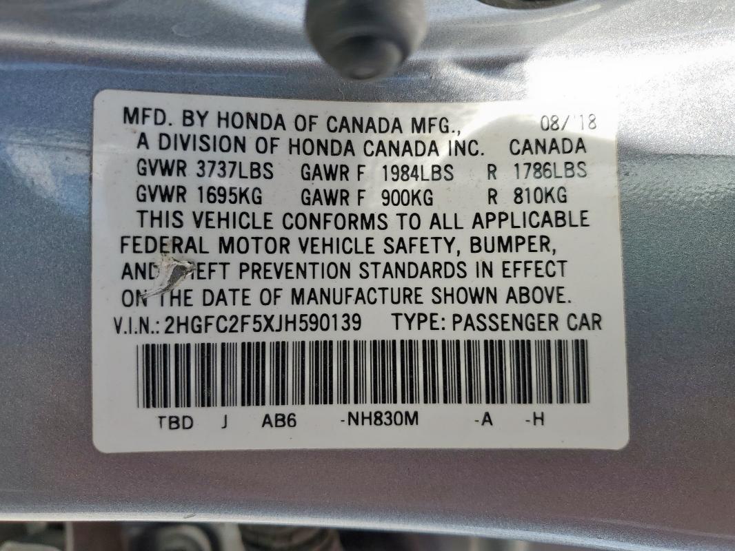 2018 HONDA CIVIC LX 2HGFC2F5XJH590139