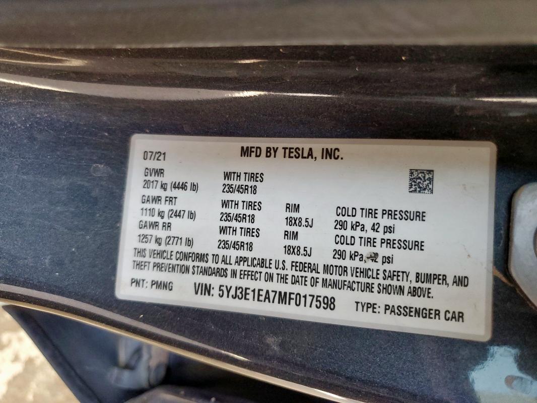 2021 TESLA MODEL 3 - 5YJ3E1EA7MF017598