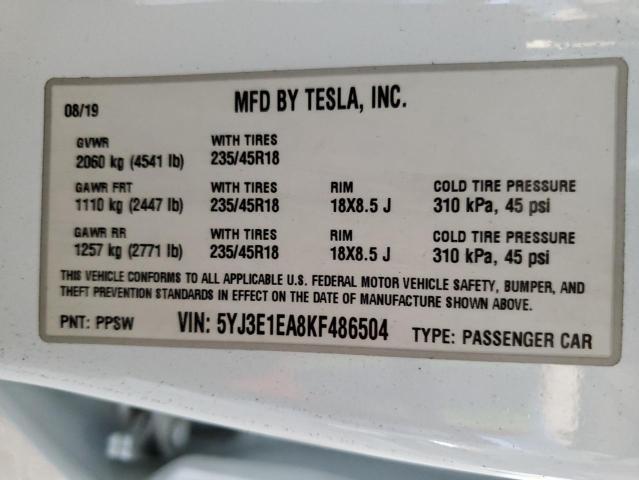 2019 TESLA MODEL 3 5YJ3E1EA8KF486504