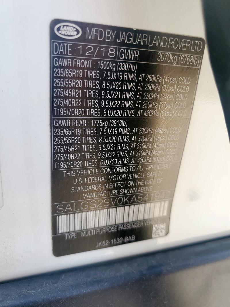 2019 LAND ROVER RANGE ROVE SALGS2SV0KA541942