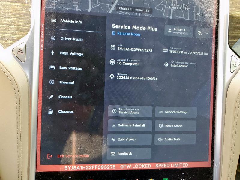 2015 TESLA MODEL S 85 5YJSA1H22FF093275