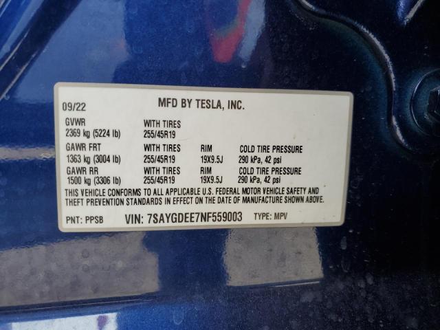2022 TESLA MODEL Y 7SAYGDEE7NF559003