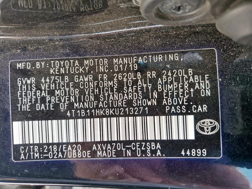 2019 TOYOTA CAMRY L 4T1B11HK8KU213271