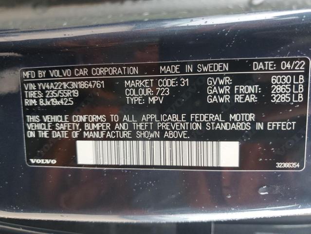 2022 VOLVO XC90 T6 MO YV4A221K3N1864761