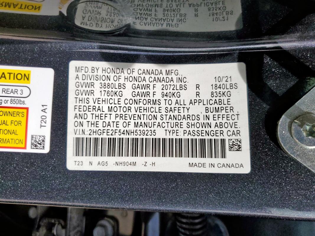 2022 HONDA CIVIC 4D 2HGFE2F54NH539235