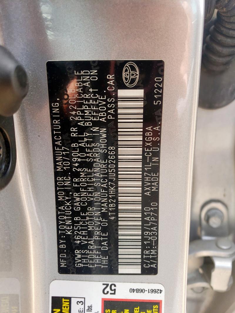 2018 TOYOTA CAMRY HYBR 4T1B21HK7JU502668