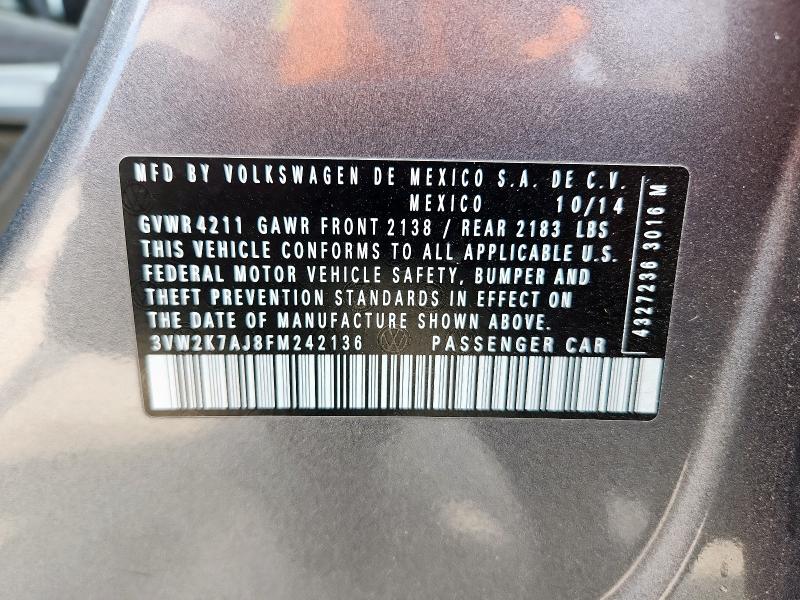 2015 VOLKSWAGEN JETTA BASE 3VW2K7AJ8FM242136