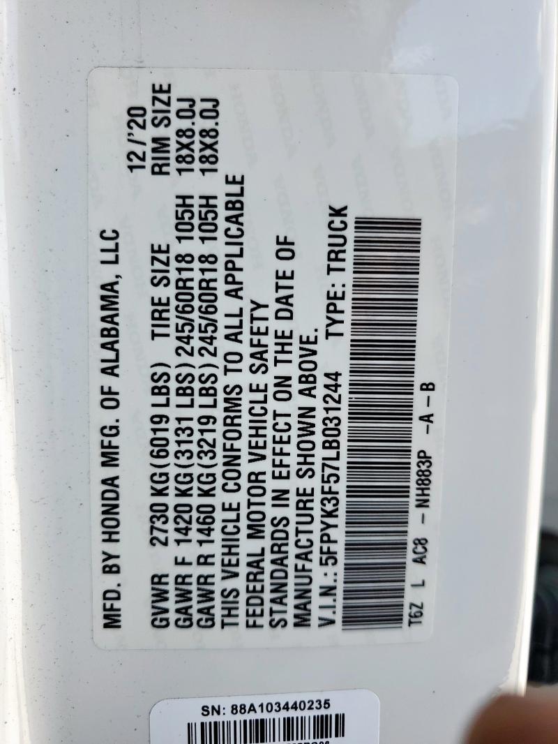 2020 HONDA RIDGELINE 5FPYK3F57LB031244