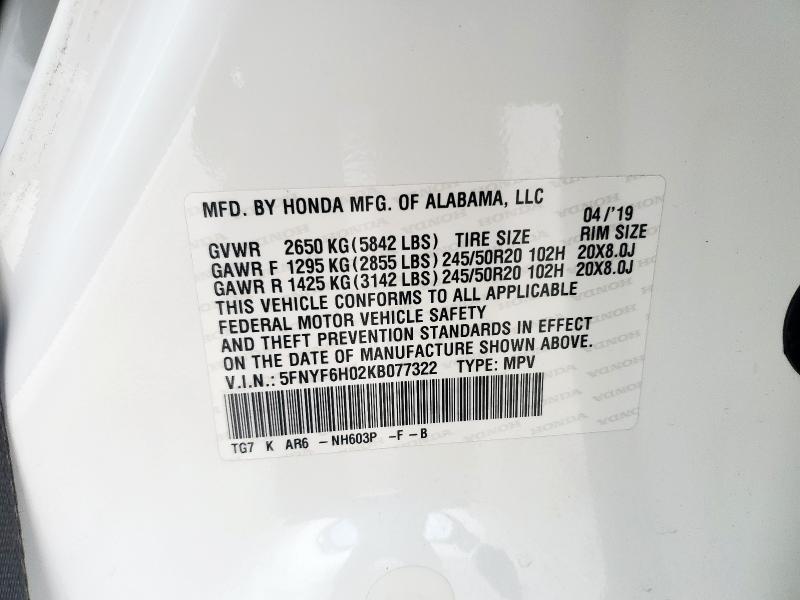 2019 HONDA PILOT ELIT 5FNYF6H02KB077322