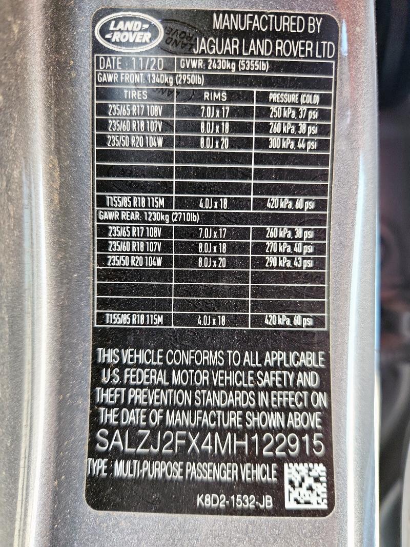 2021 LAND ROVER RANGE ROVE - SALZJ2FX4MH122915