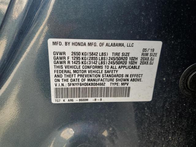 2019 HONDA PILOT ELIT 5FNYF6H06KB084662