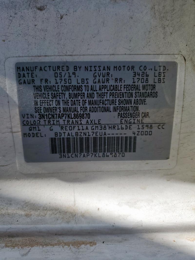 2019 NISSAN VERSA S 3N1CN7AP7KL869870