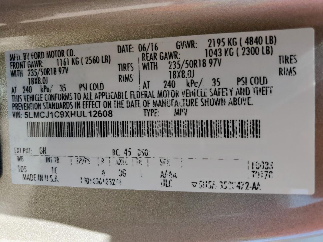 2017 LINCOLN MKC PREMIE 5LMCJ1C9XHUL12608