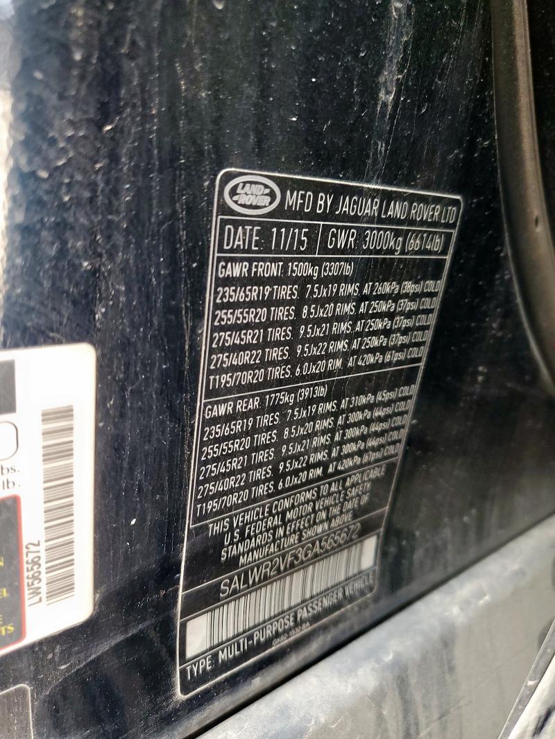 2016 LAND ROVER RANGE ROVE SALWR2VF3GA565672