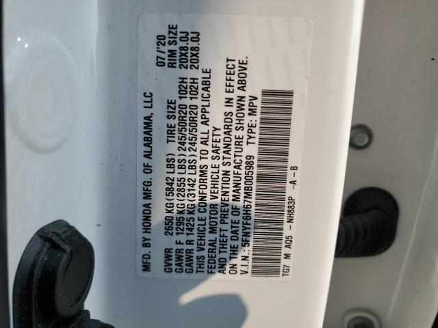 2021 HONDA PILOT TOUR 5FNYF6H67MB005989