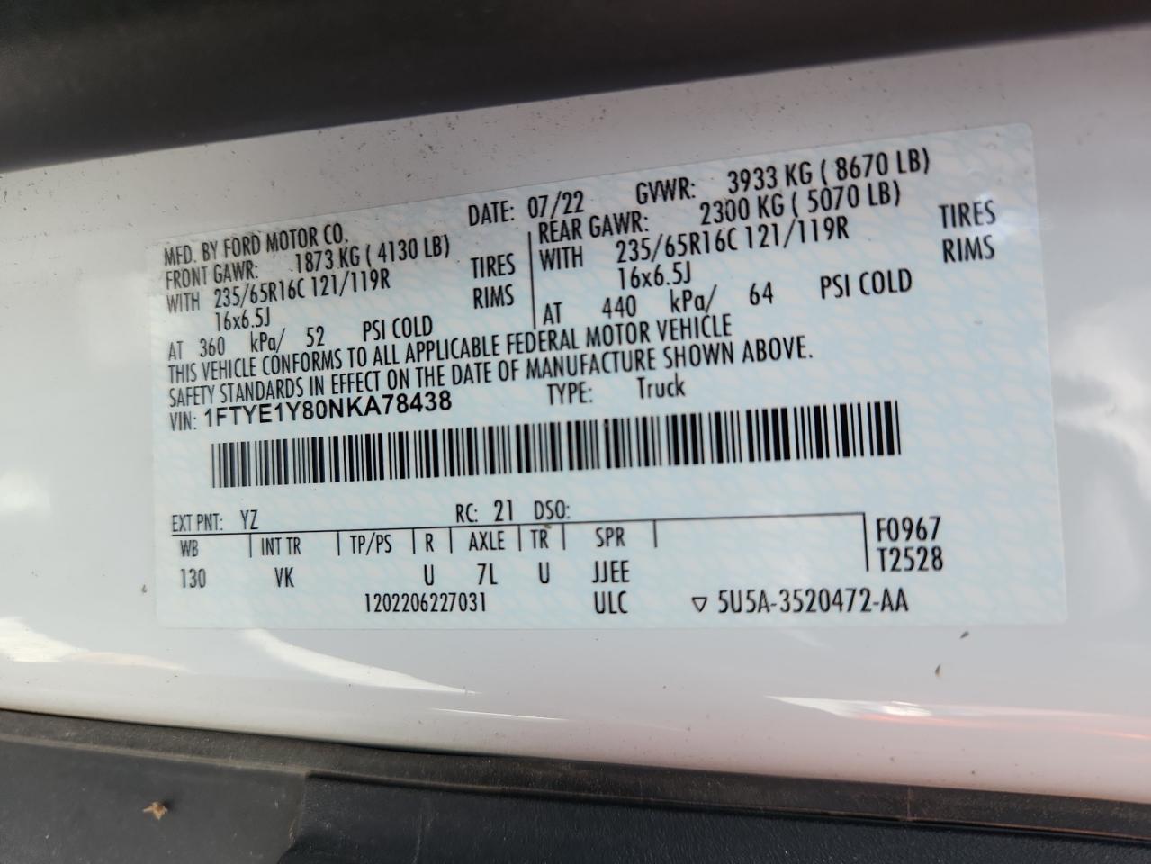 Lot #3308338052 2022 FORD TRANSIT T-