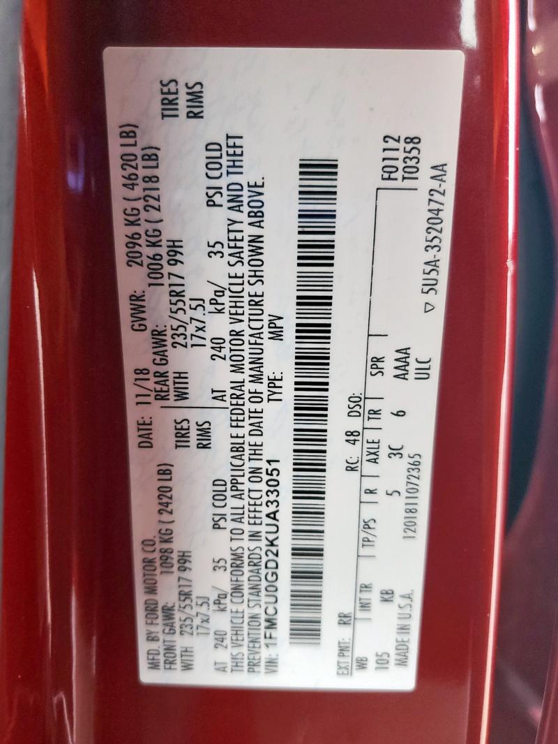 2019 FORD ESCAPE SE - 1FMCU0GD2KUA33051