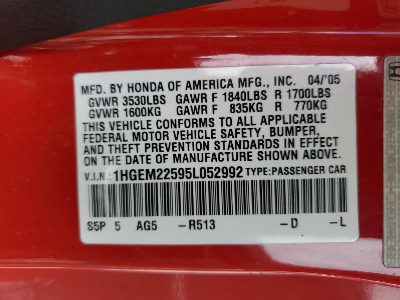 Lot #3274023495 2005 HONDA CIVIC LX