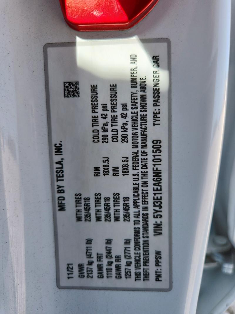 2022 TESLA MODEL 3 5YJ3E1EA6NF101509