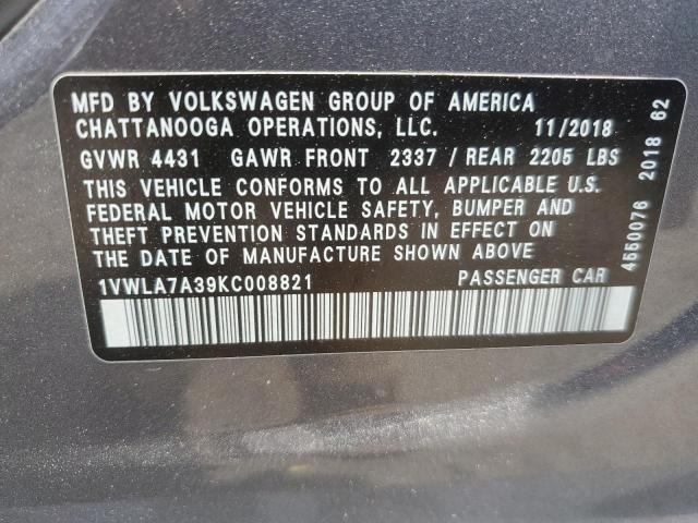 2019 VOLKSWAGEN PASSAT WOL 1VWLA7A39KC008821