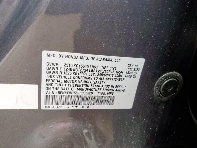 2018 HONDA PILOT EXL 5FNYF5H56JB008329