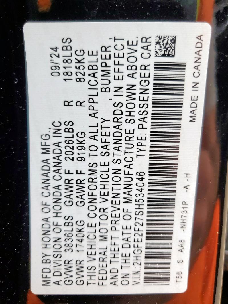 2025 HONDA CIVIC LX 2HGFE2F27SH534046