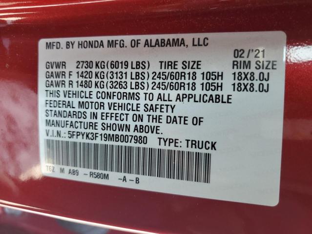 2021 HONDA RIDGELINE 5FPYK3F19MB007980