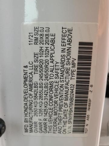 2022 HONDA PILOT BLAC 5FNYF6H76NB024432