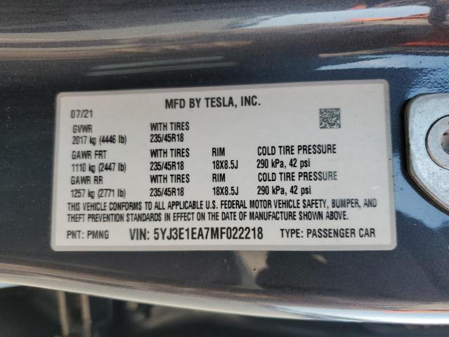 2021 TESLA MODEL 3 - 5YJ3E1EA7MF022218