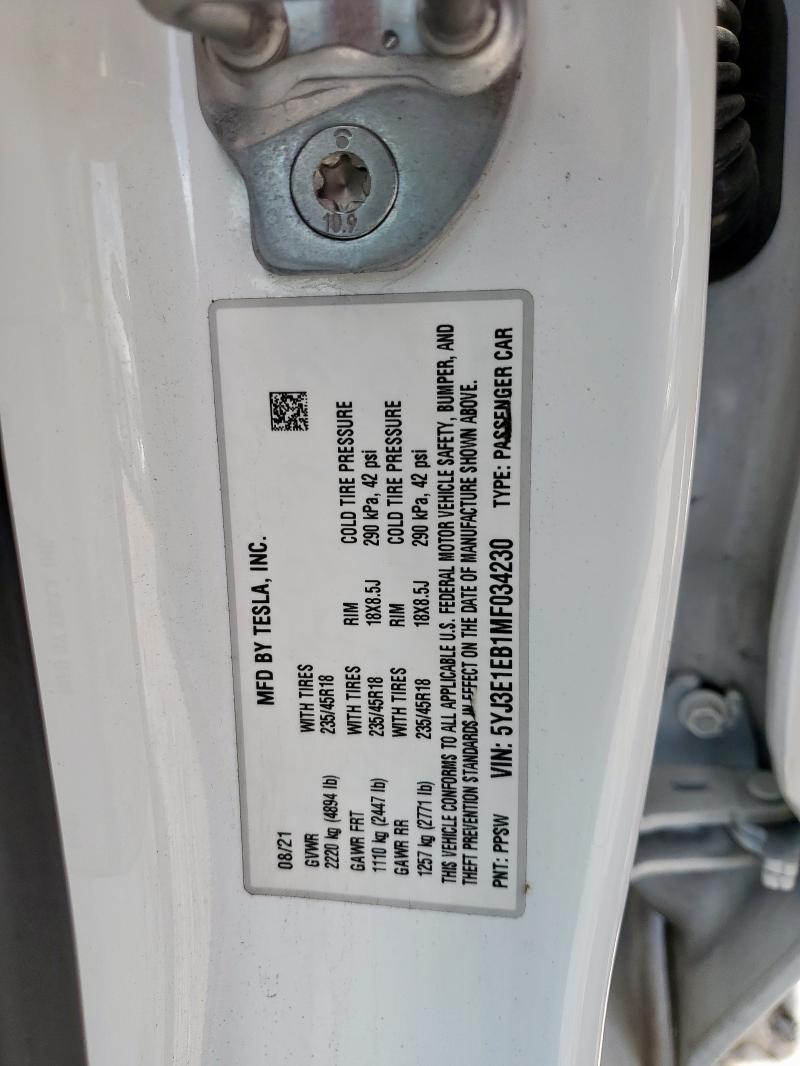 2021 TESLA MODEL 3 5YJ3E1EB1MF034230