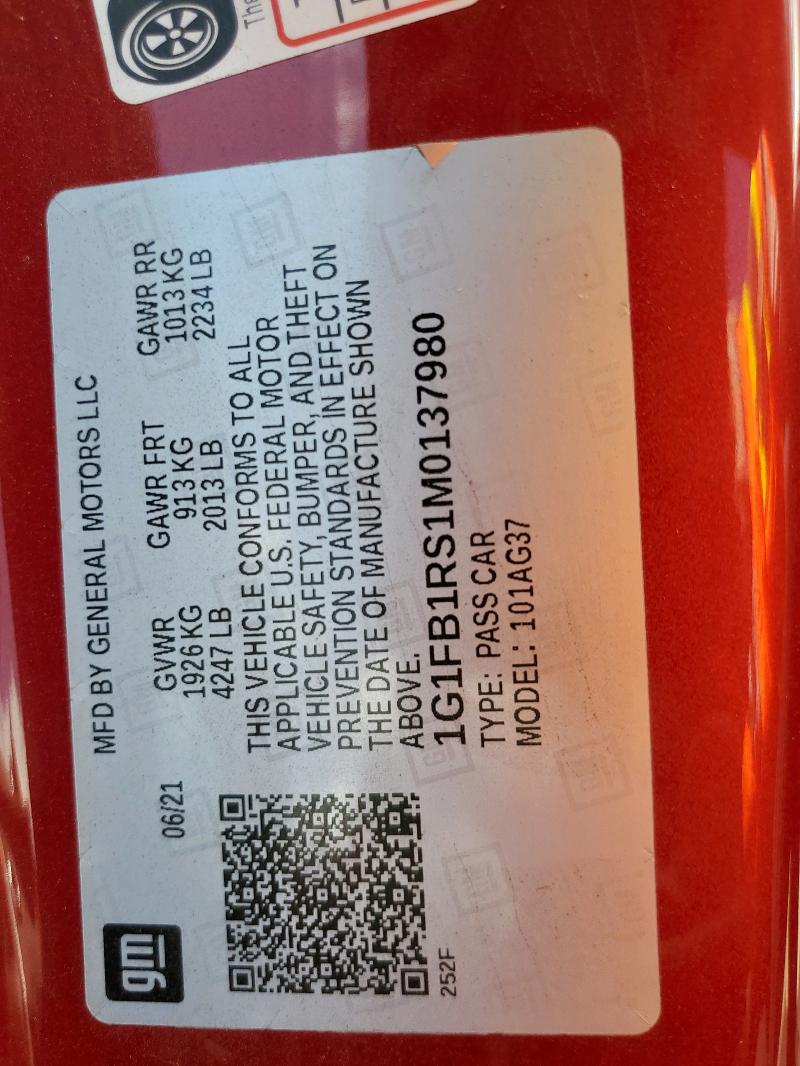 2021 CHEVROLET CAMARO LS 1G1FB1RS1M0137980