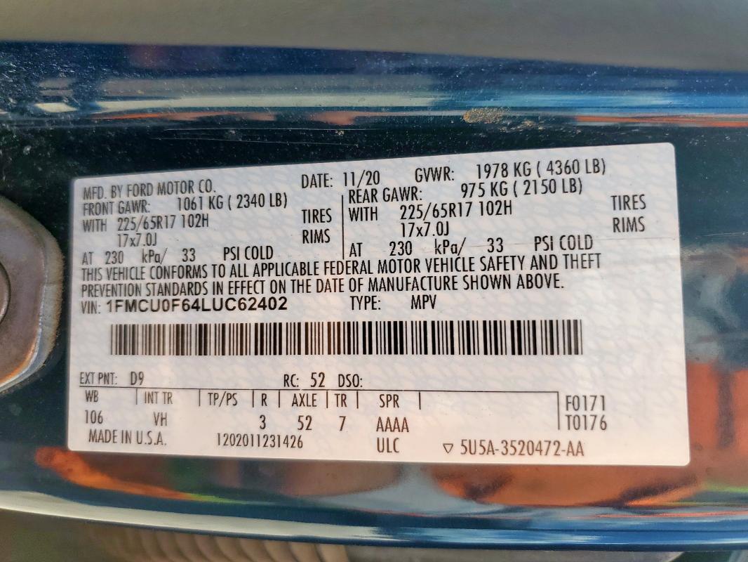 2020 FORD ESCAPE S - 1FMCU0F64LUC62402