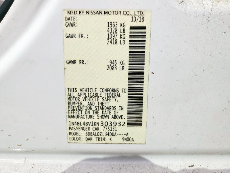 2019 NISSAN ALTIMA S 1N4BL4BV1KN303932