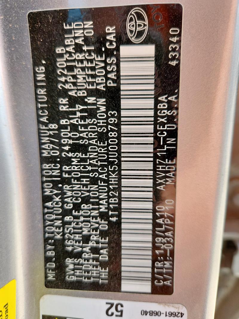 2018 TOYOTA CAMRY HYBR 4T1B21HK5JU008793