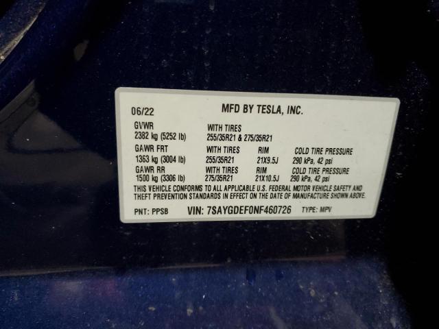 2022 TESLA MODEL Y 7SAYGDEF0NF460726