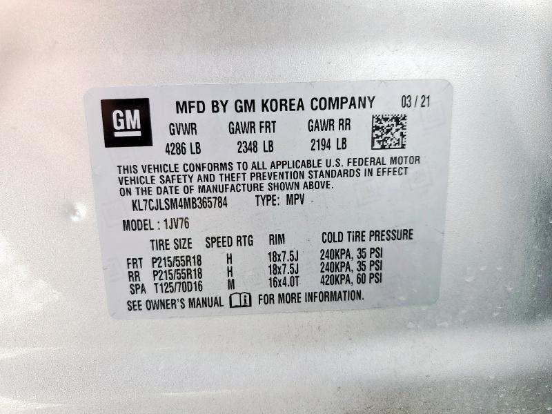 2021 CHEVROLET TRAX 1LT KL7CJLSM4MB365784
